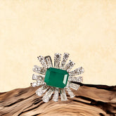 White Gold Finish Eurostar Zircon & Glass filled Emerald Ring in 925 Sterling Silver